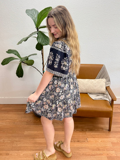 Navy Shirring Woven Mini Dress