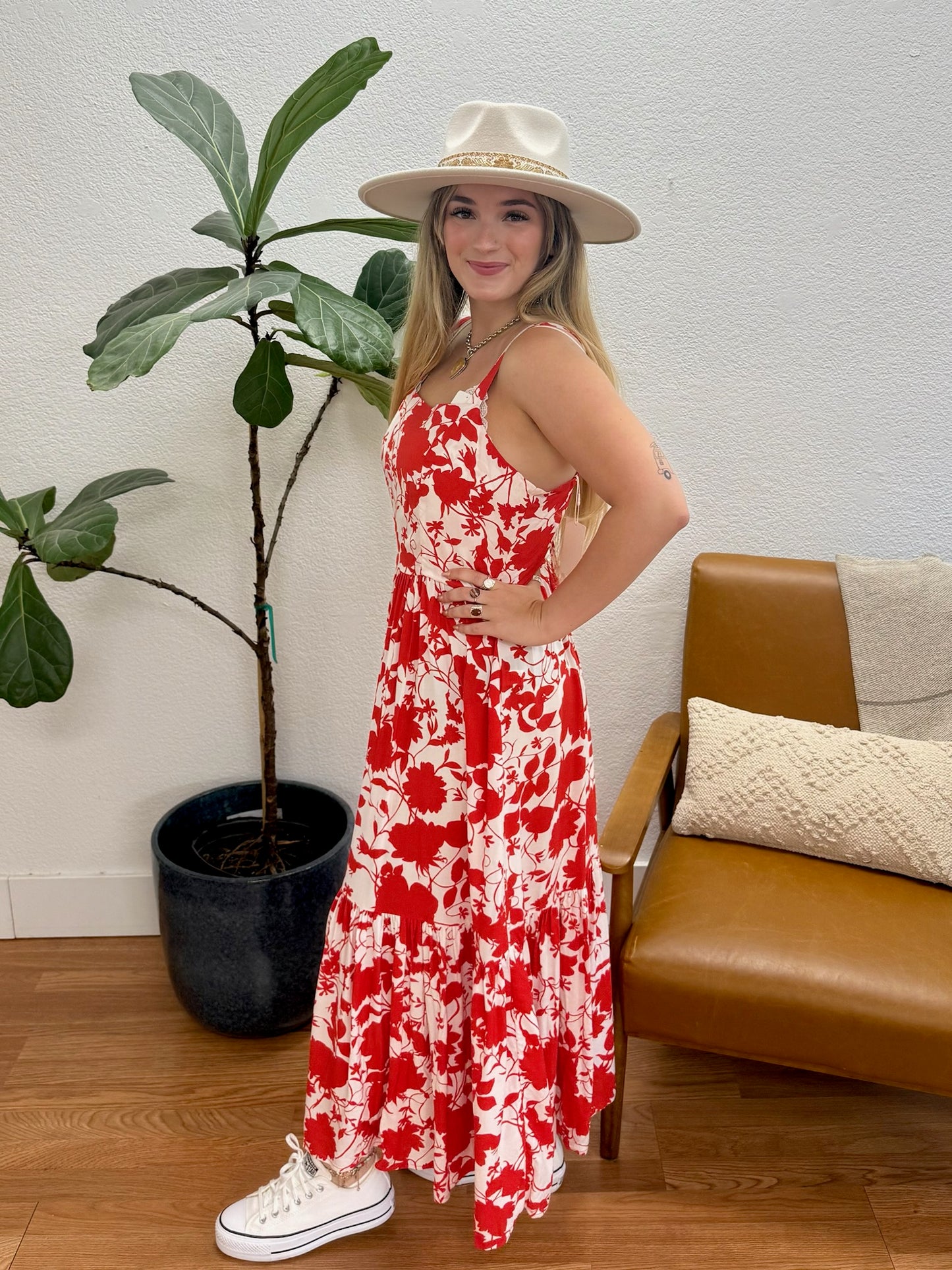 Red Floral Cami Midi Dress