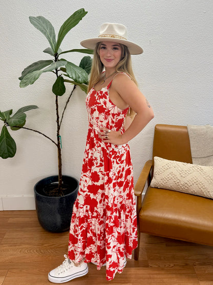 Red Floral Cami Midi Dress