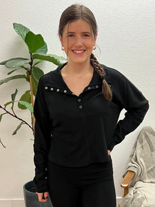 Black Collared Ribbed Henley Top
