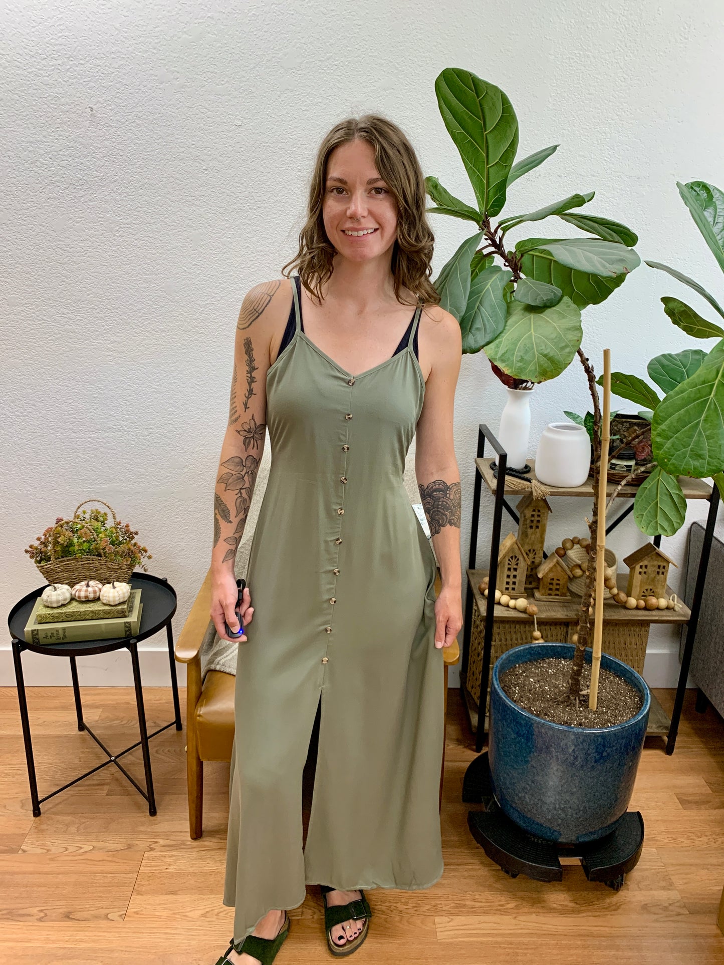 Olive Button Front Midi Dress
