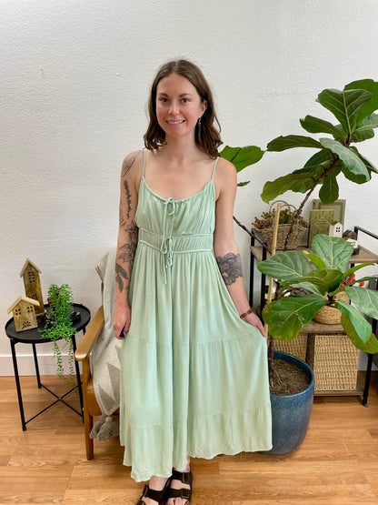 Sage Front Tie Smocked Tiered Dress