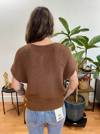 Brown V Stitch Short Sleeve Sweater