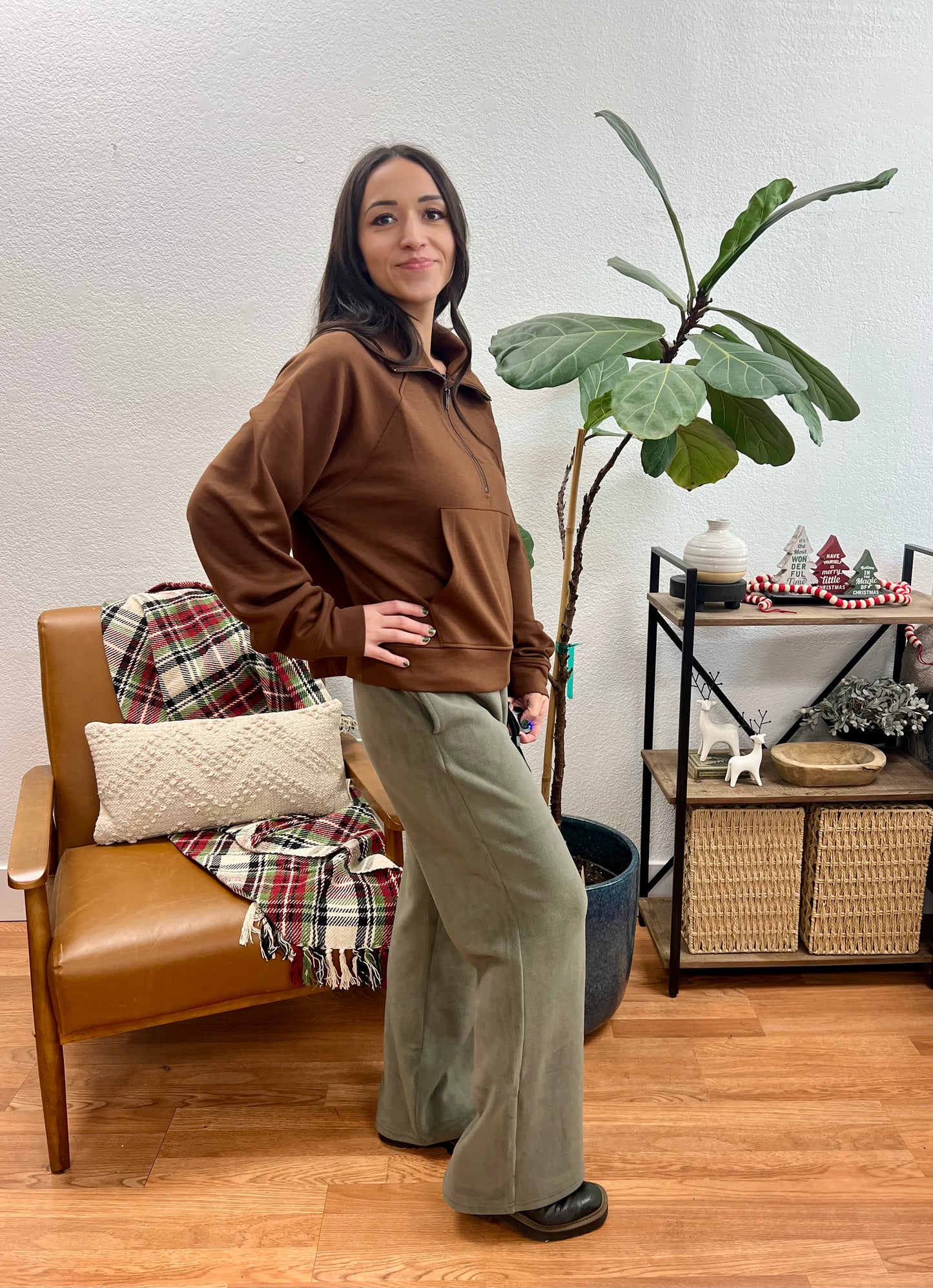 Olive Wide Leg Fleece Sweatpants