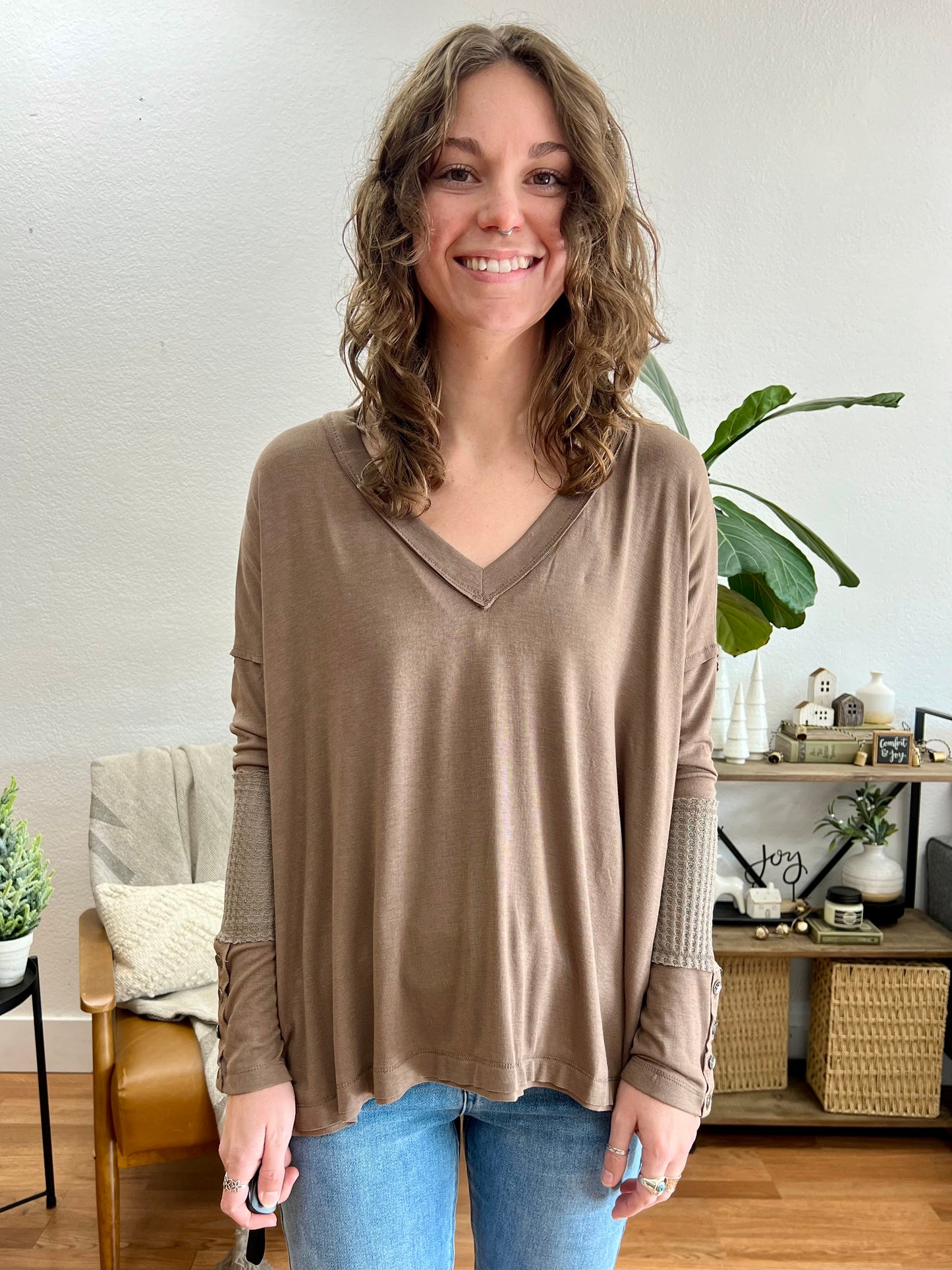 Mocha V Neck Long Sleeve