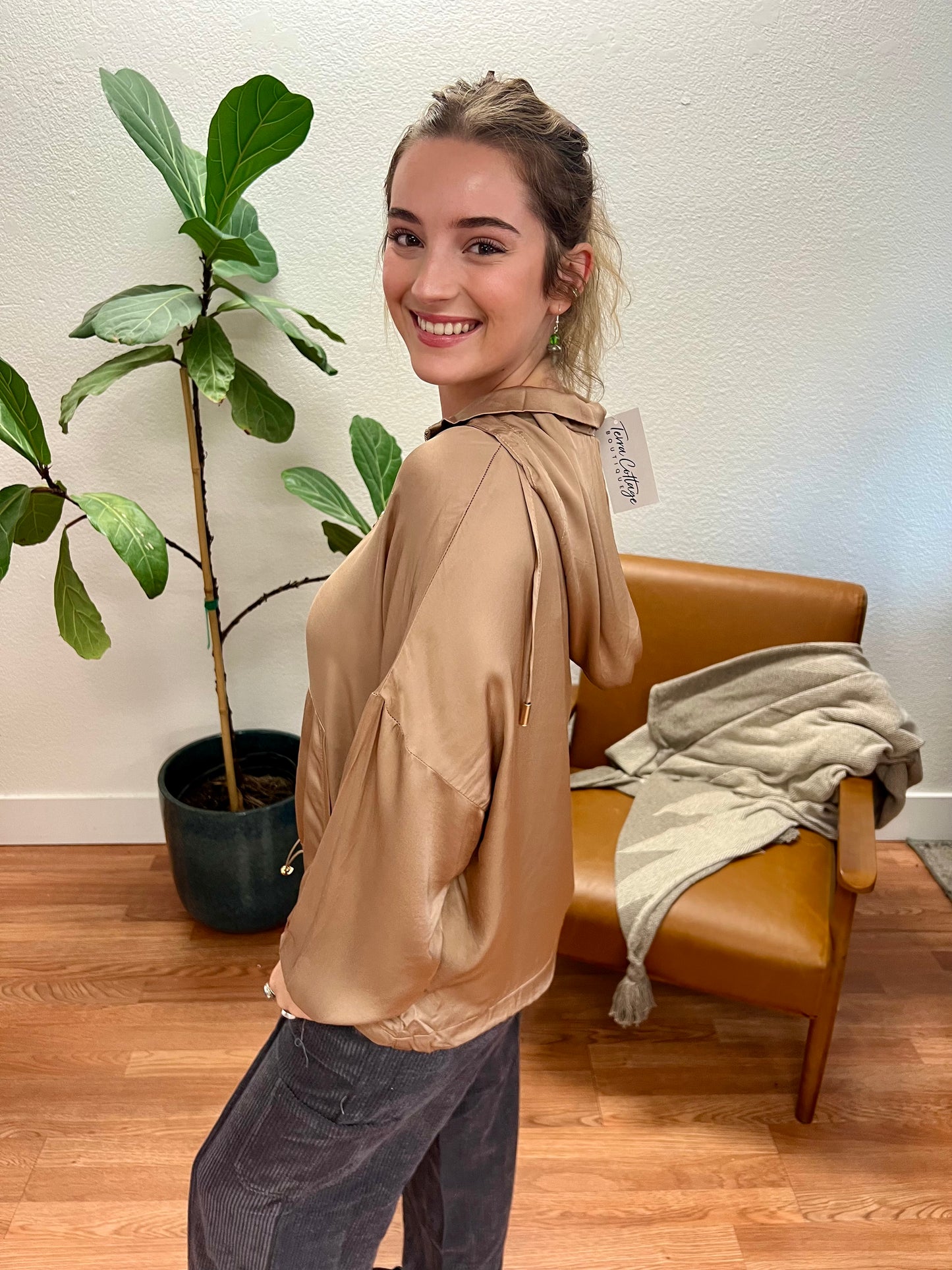 Taupe Hooded Drawstring Top