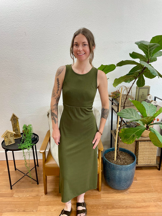 Olive Ribbed Side Slit Tank Dress - Terra Cottage