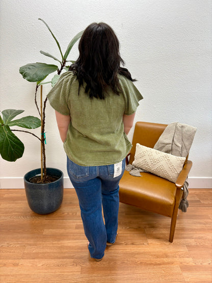 Dark Olive Washed Split Neck Top