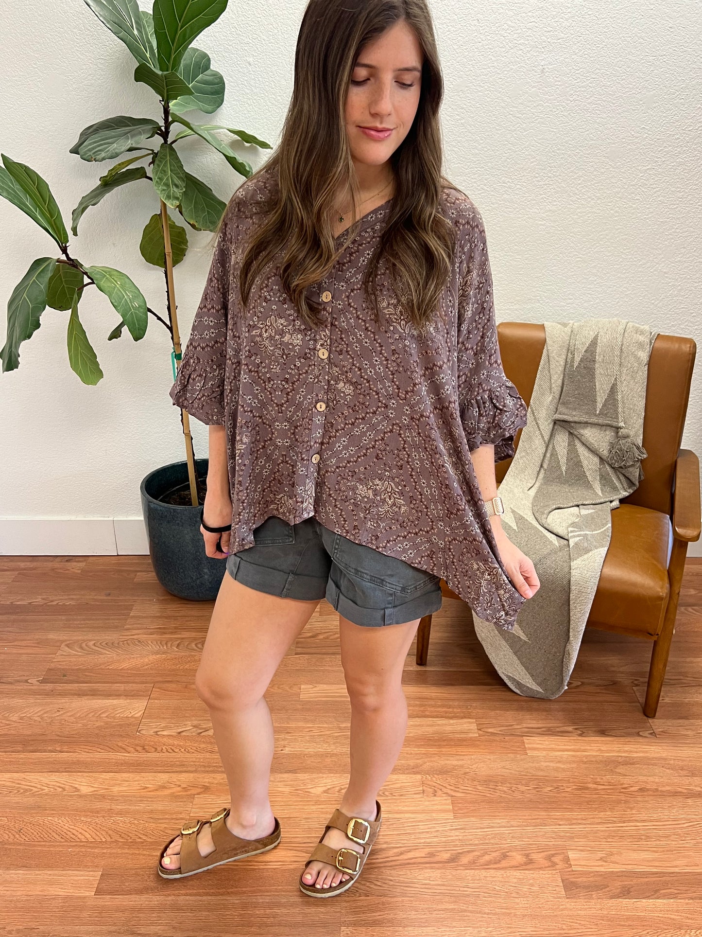 Warm Grey Ethnic Print Oversized Blouse