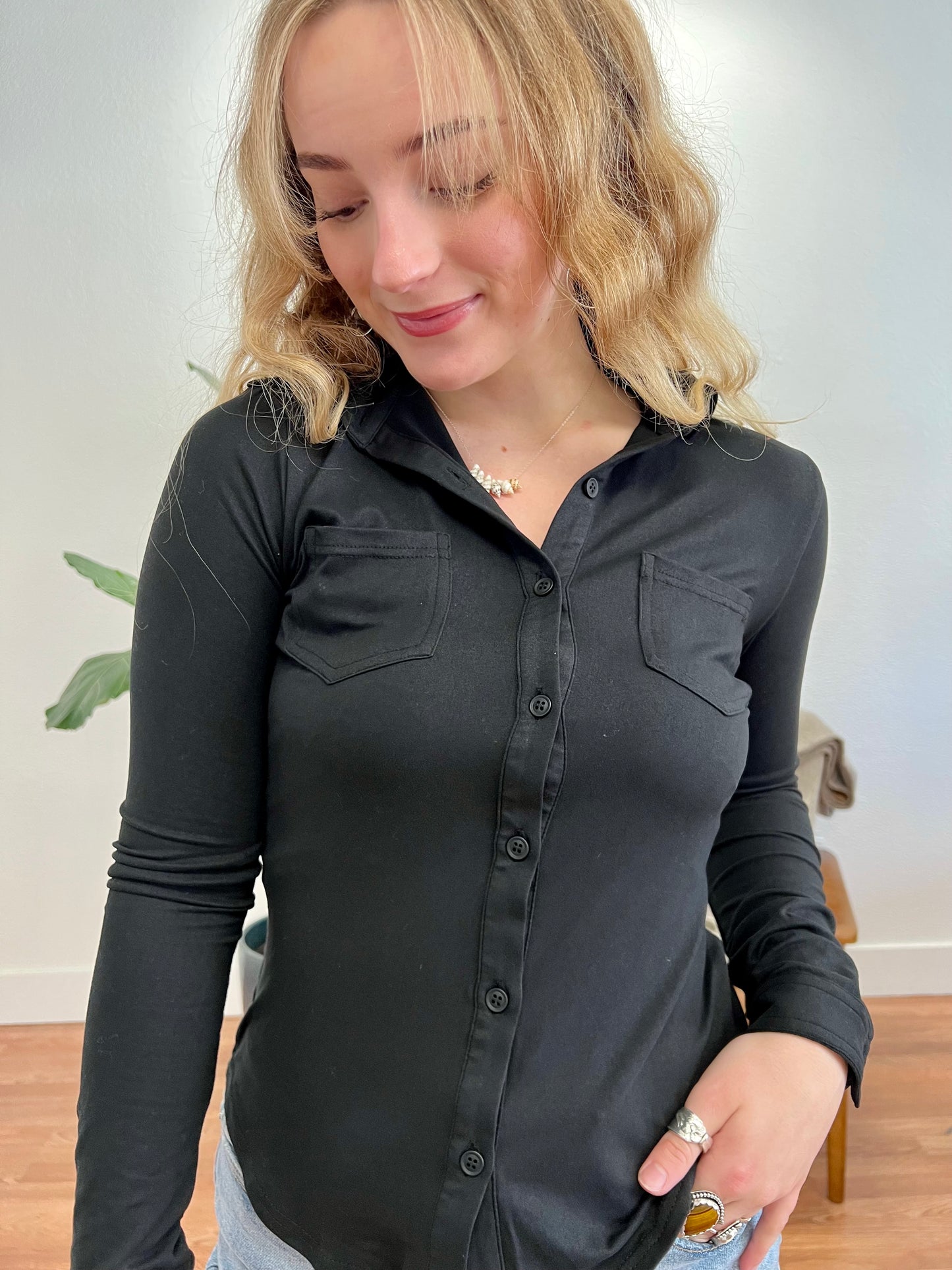 Black Brushed Button Up Top