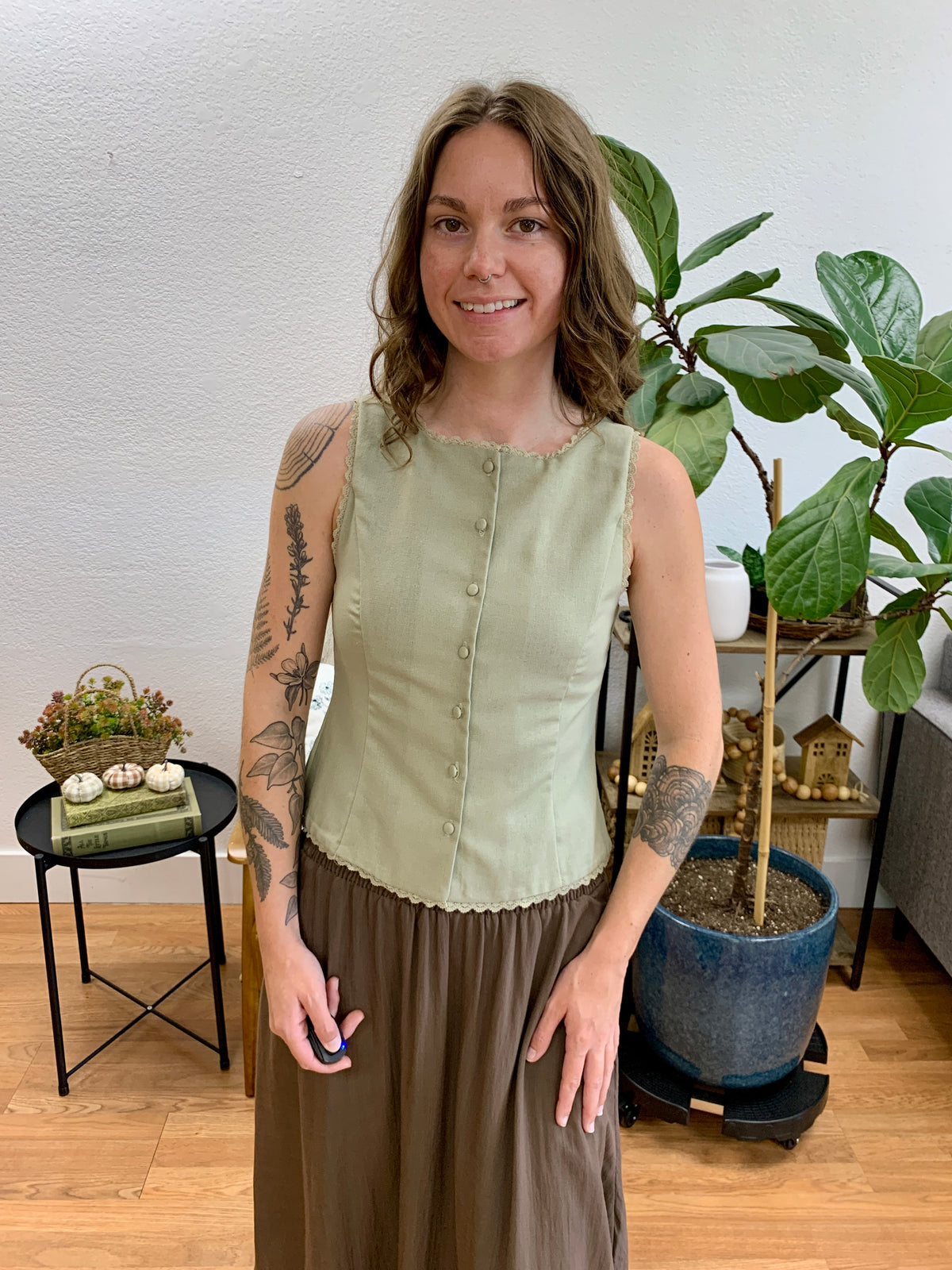 Olive Lace Trim Vest Top