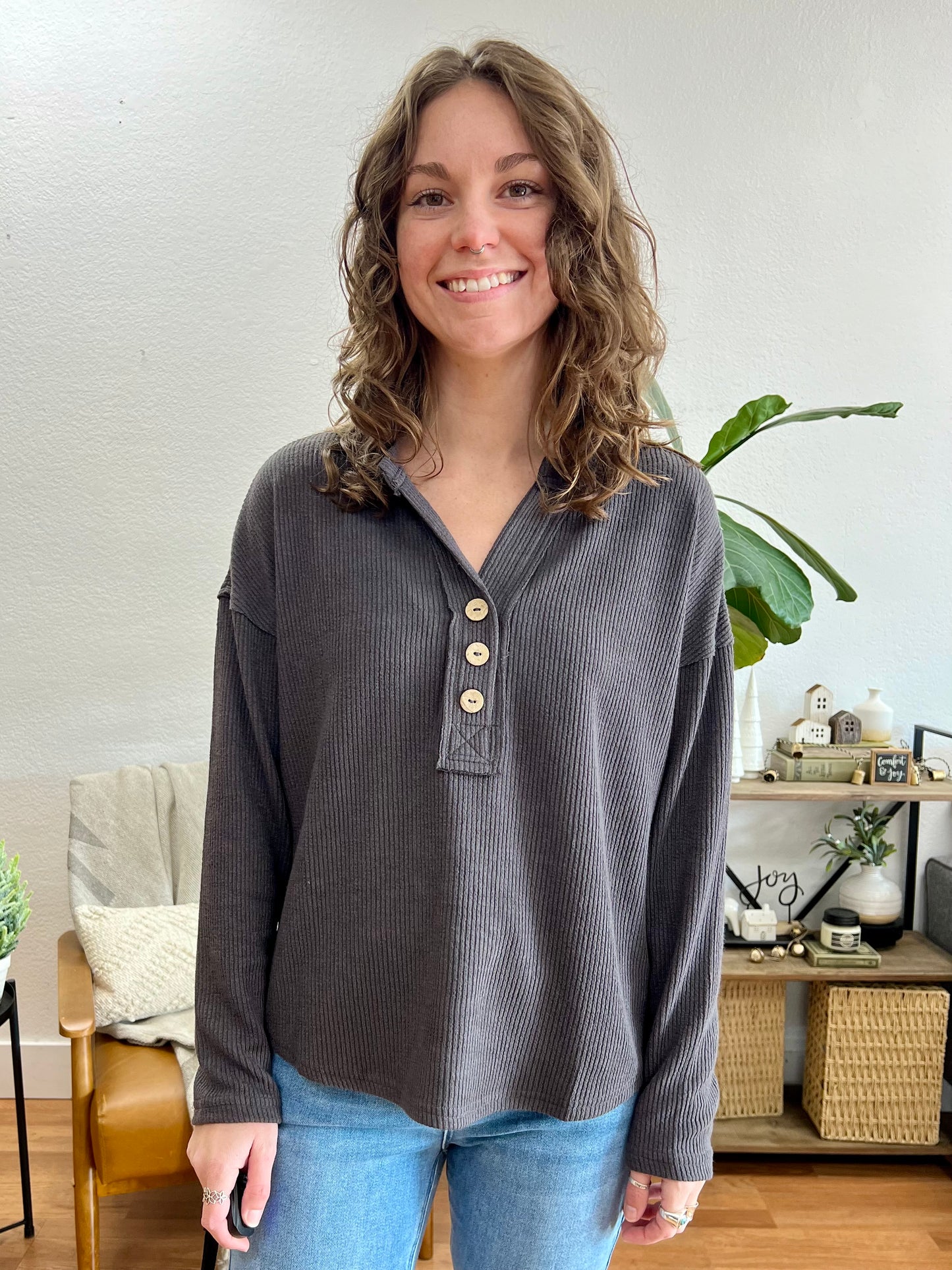 Navy Half Button V Neck Knit Top