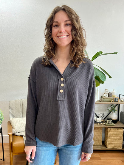 Navy Half Button V Neck Knit Top