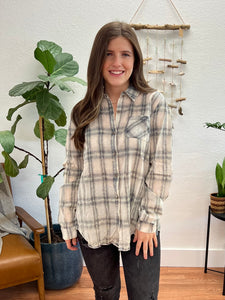 Blue Grey Acid Washed Plaid Shirt