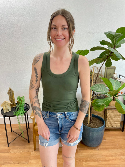 Army Green Ribbed Scoop Neck Tank