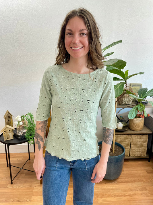 Sage Boat Neck Lettuce Hem Top