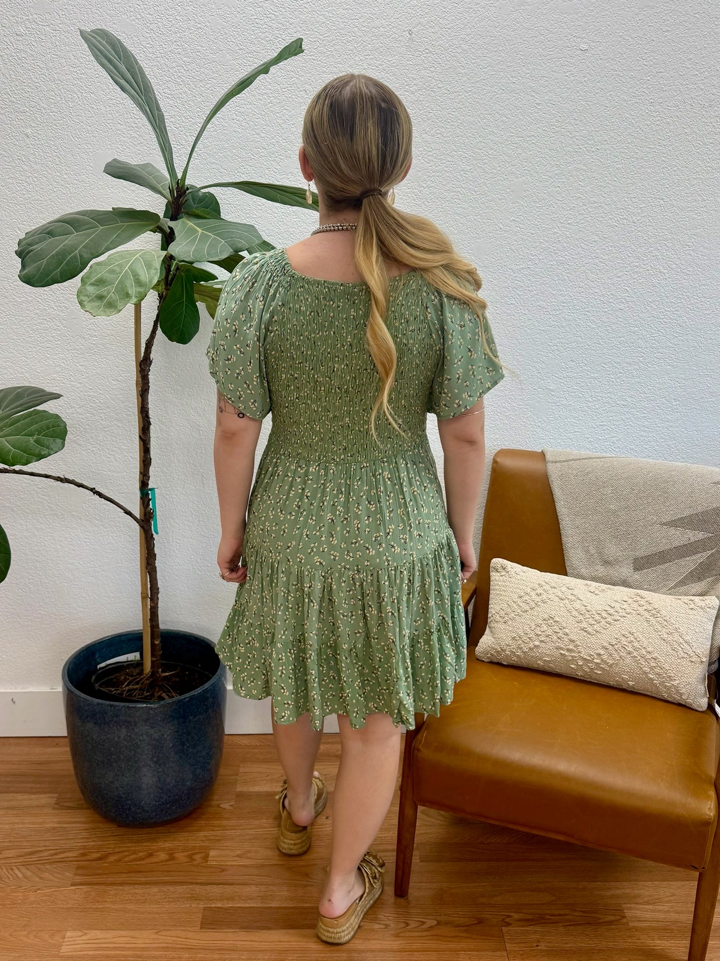 Green Smock Bodice Ditsy Dress