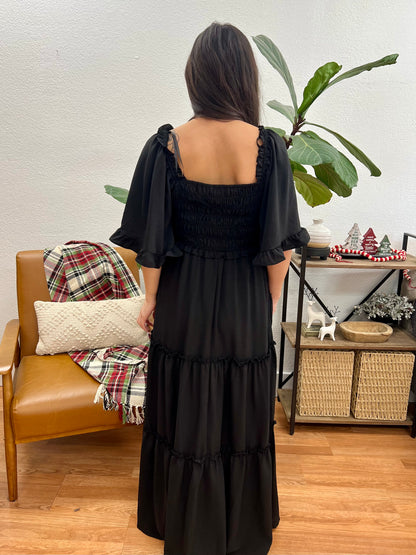 Black Flutter Sleeve Woven Maxi Dress