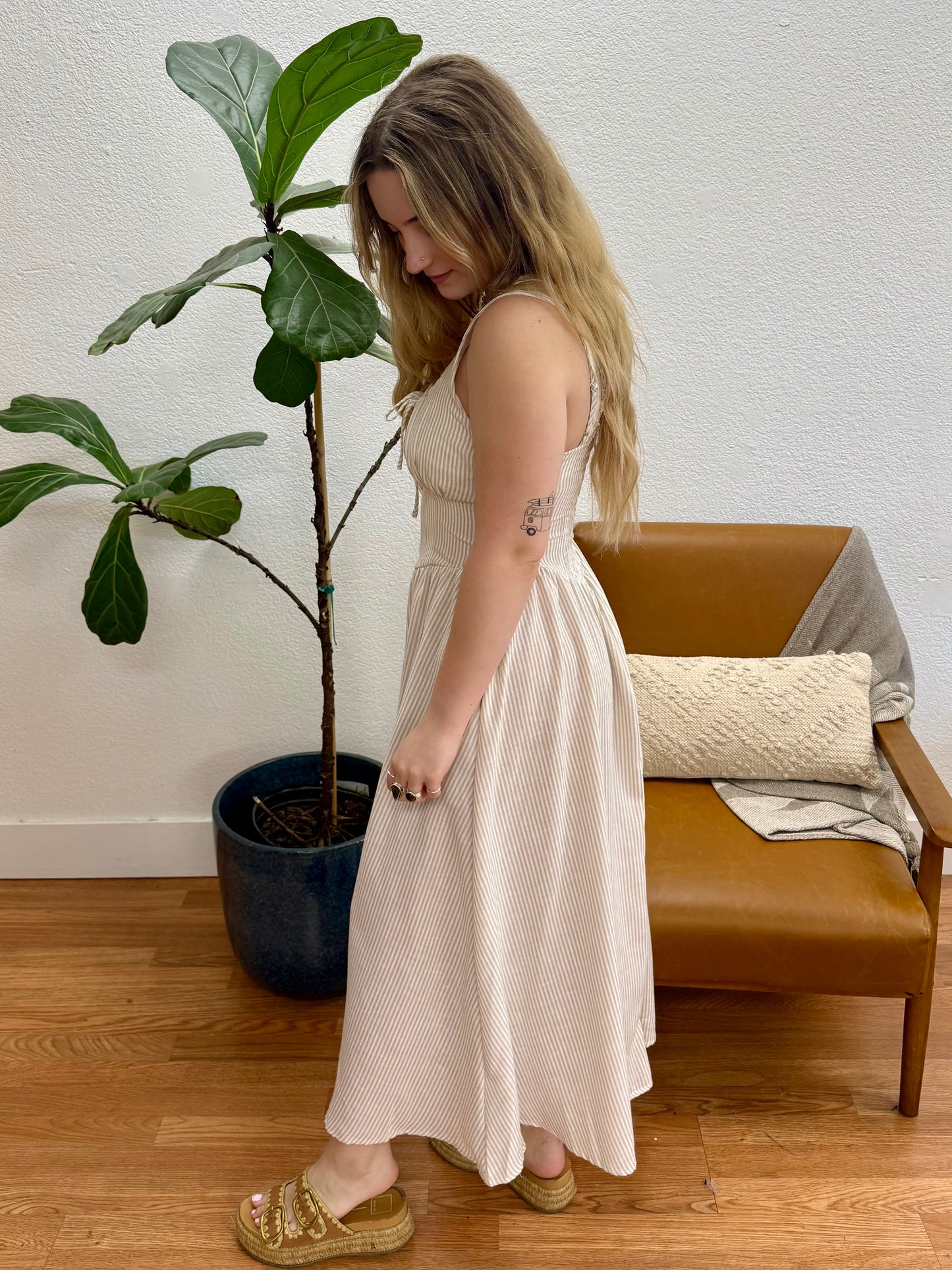 Light Taupe Corset Detail Midi Dress