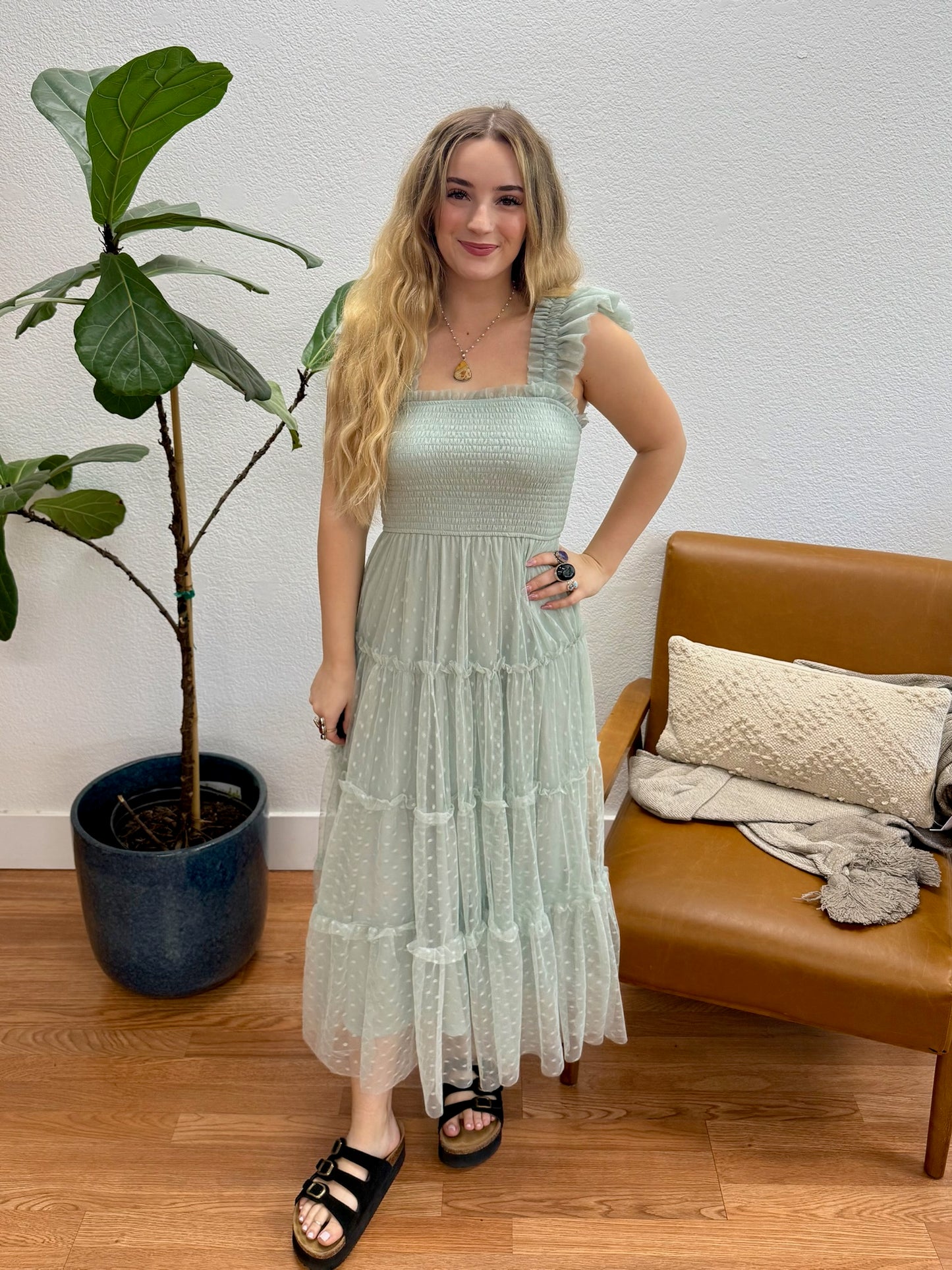 Sage Polka Dot Chiffon Midi Dress
