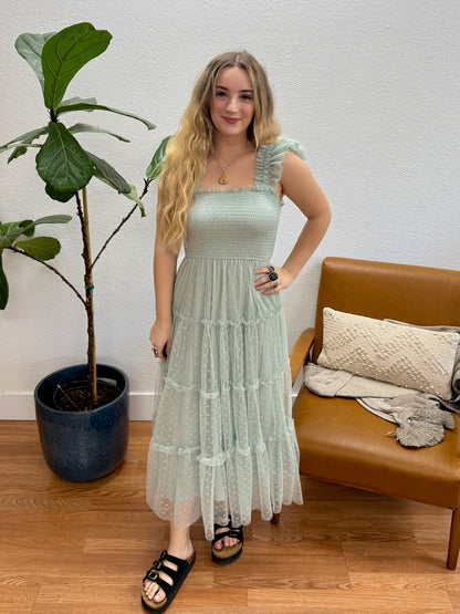 Sage Polka Dot Chiffon Midi Dress