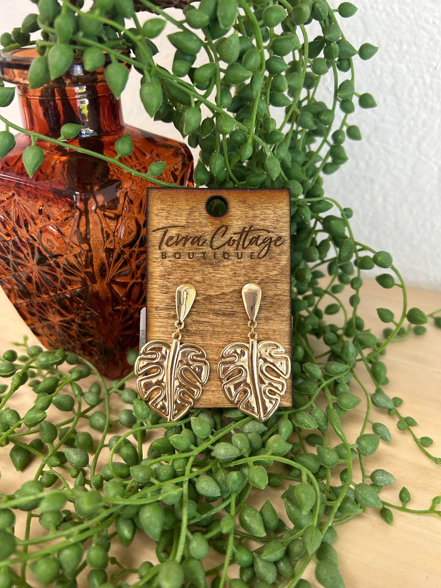 Gold Metallic Monstera Leaf Dangle Earrings
