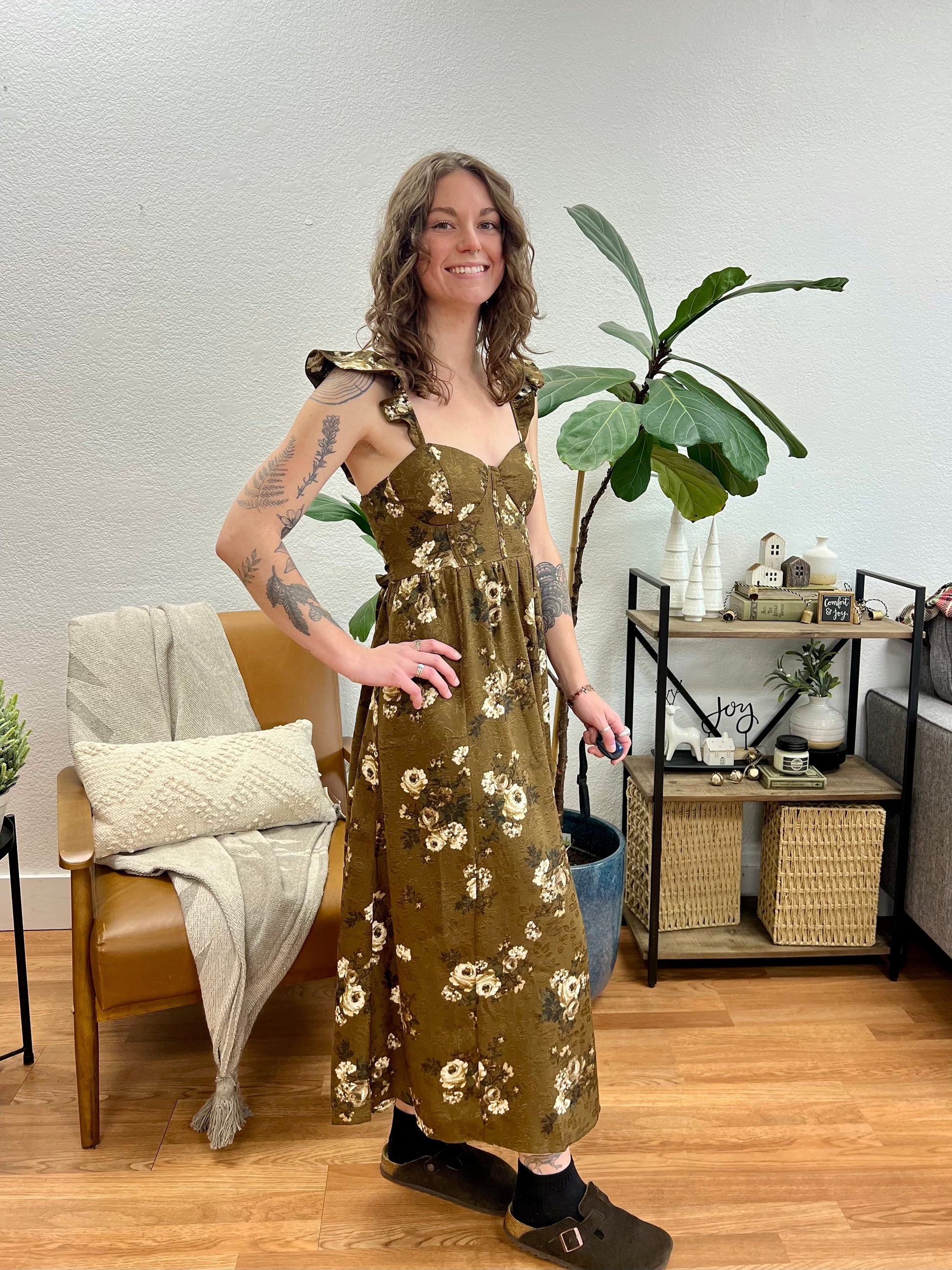 brown floral midi dress Fields of Gold Brown Floral Midi Dress