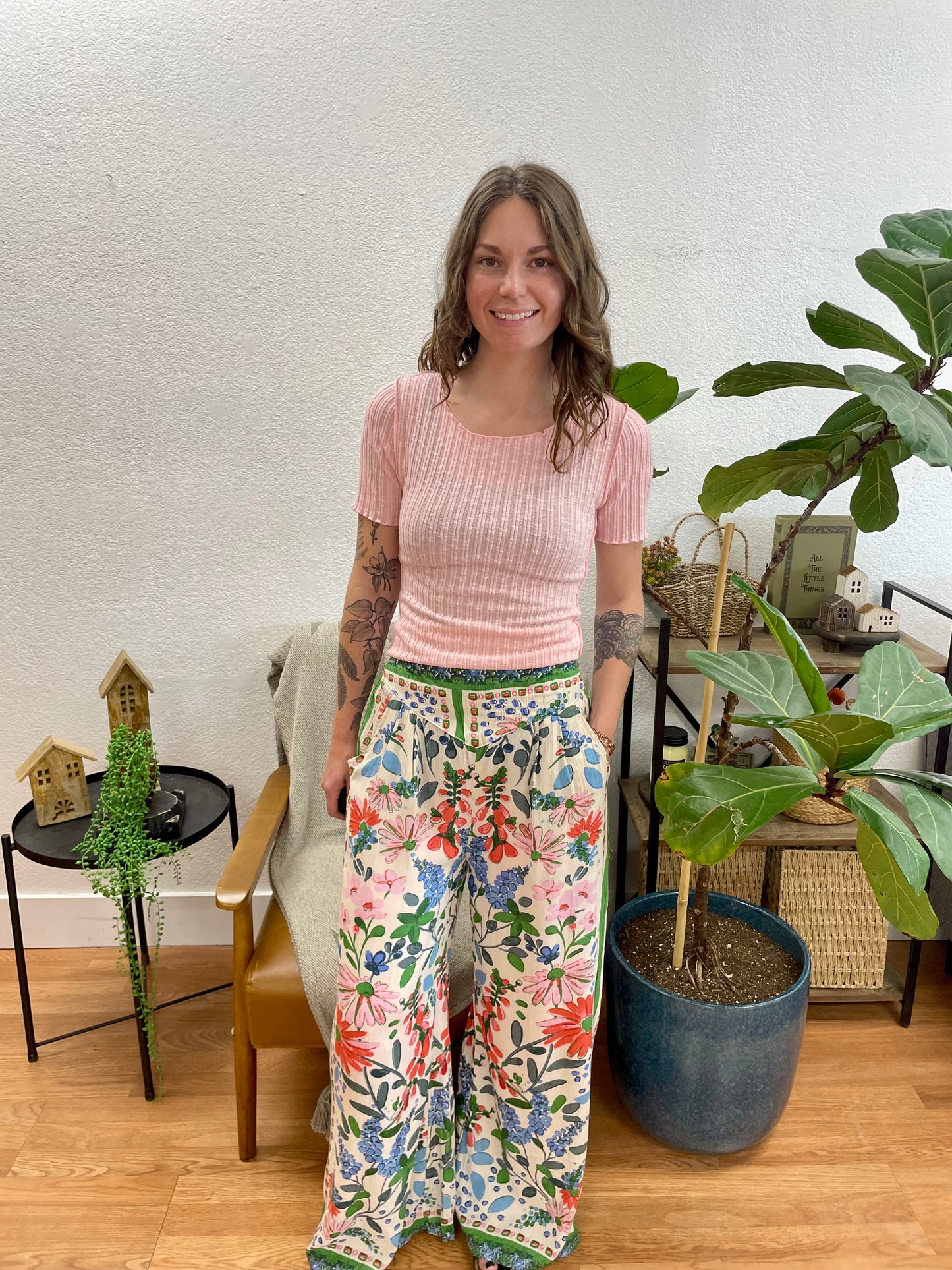 Cream Printed Flowy Pants