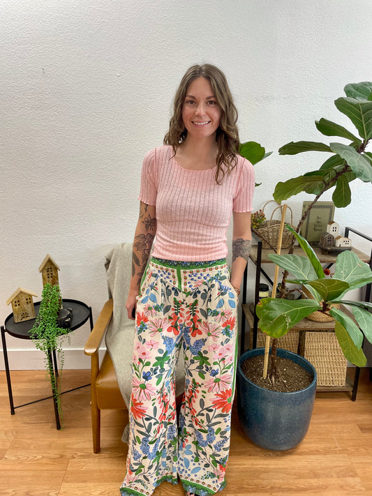 Cream Printed Flowy Pants