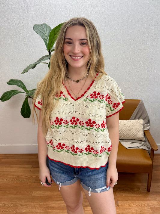 Ivory Floral Graphic Knit Sweater Vest