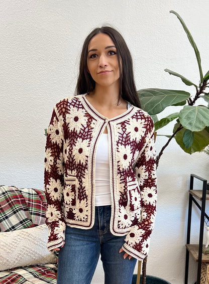 Burgundy Daisy Crochet Cardigan