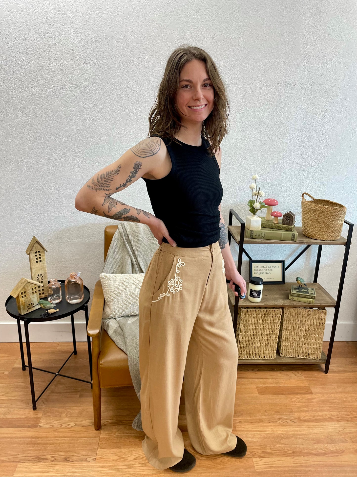 Tan Wide Leg Embroidered Pants - Terra Cottage