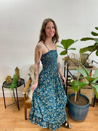 Teal Smocked Bodice Angled Hem Dress
