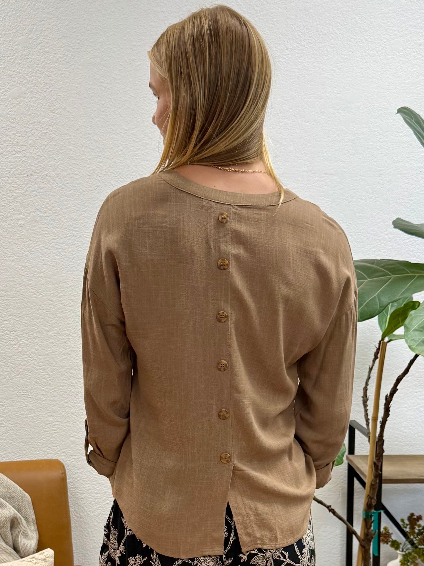 Mocha Woven Tab Sleeve Blouse