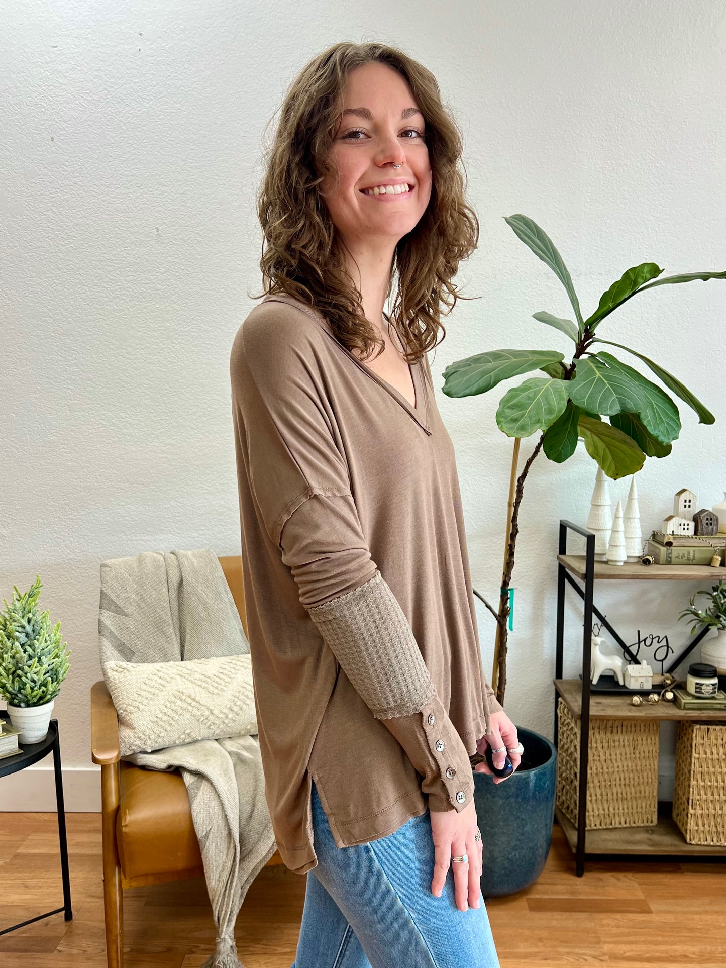 Mocha V Neck Long Sleeve