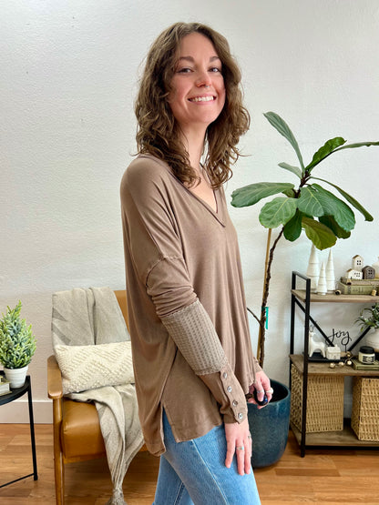 Mocha V Neck Long Sleeve