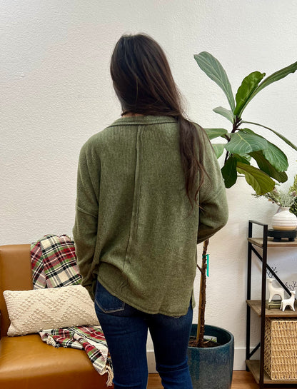 Olive V Neck Drop Shoulder Top