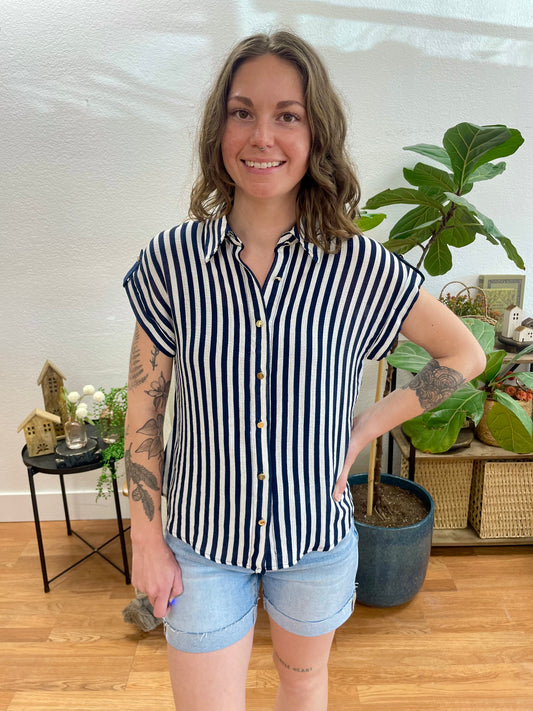 Navy Striped Lightweight Button Down