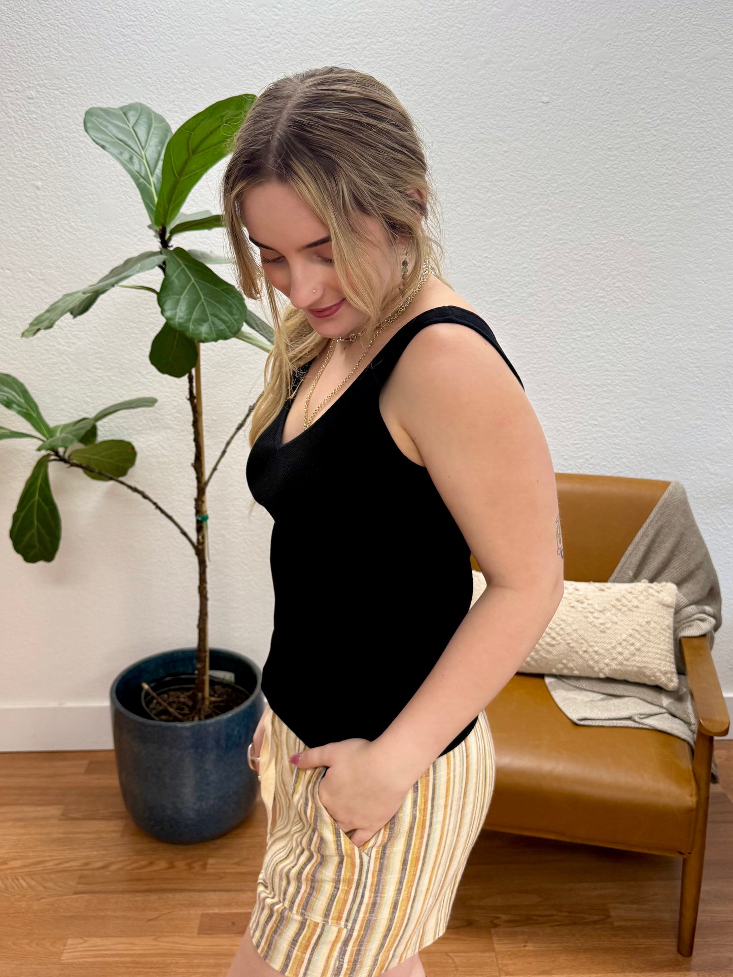 Black V-Neck Ribbed Tank