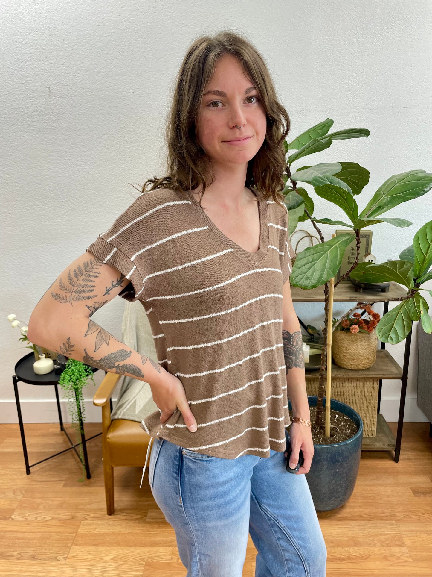 Mocha Striped V Neck Knit Tee