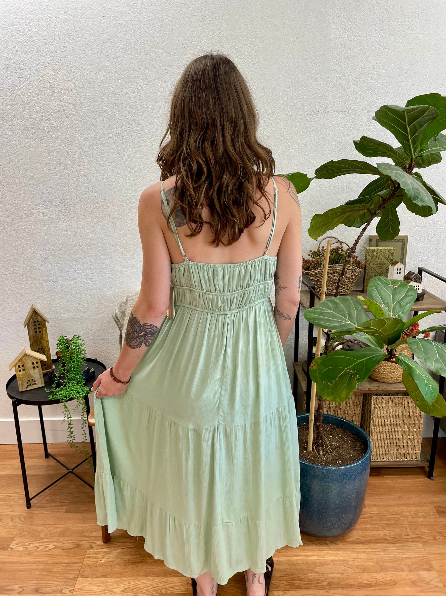 Sage Front Tie Smocked Tiered Dress