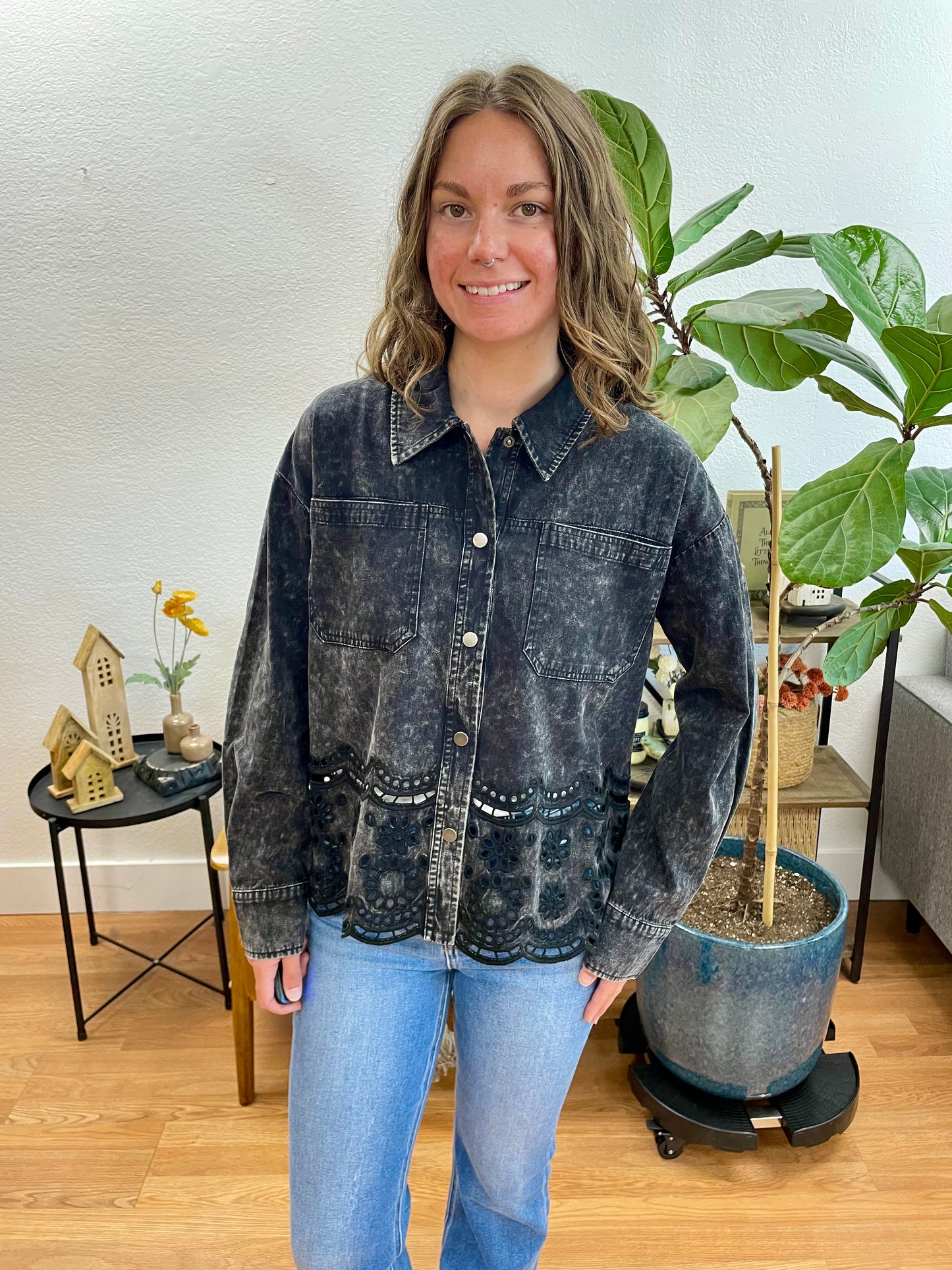 Black Washed Eyelet Jacket