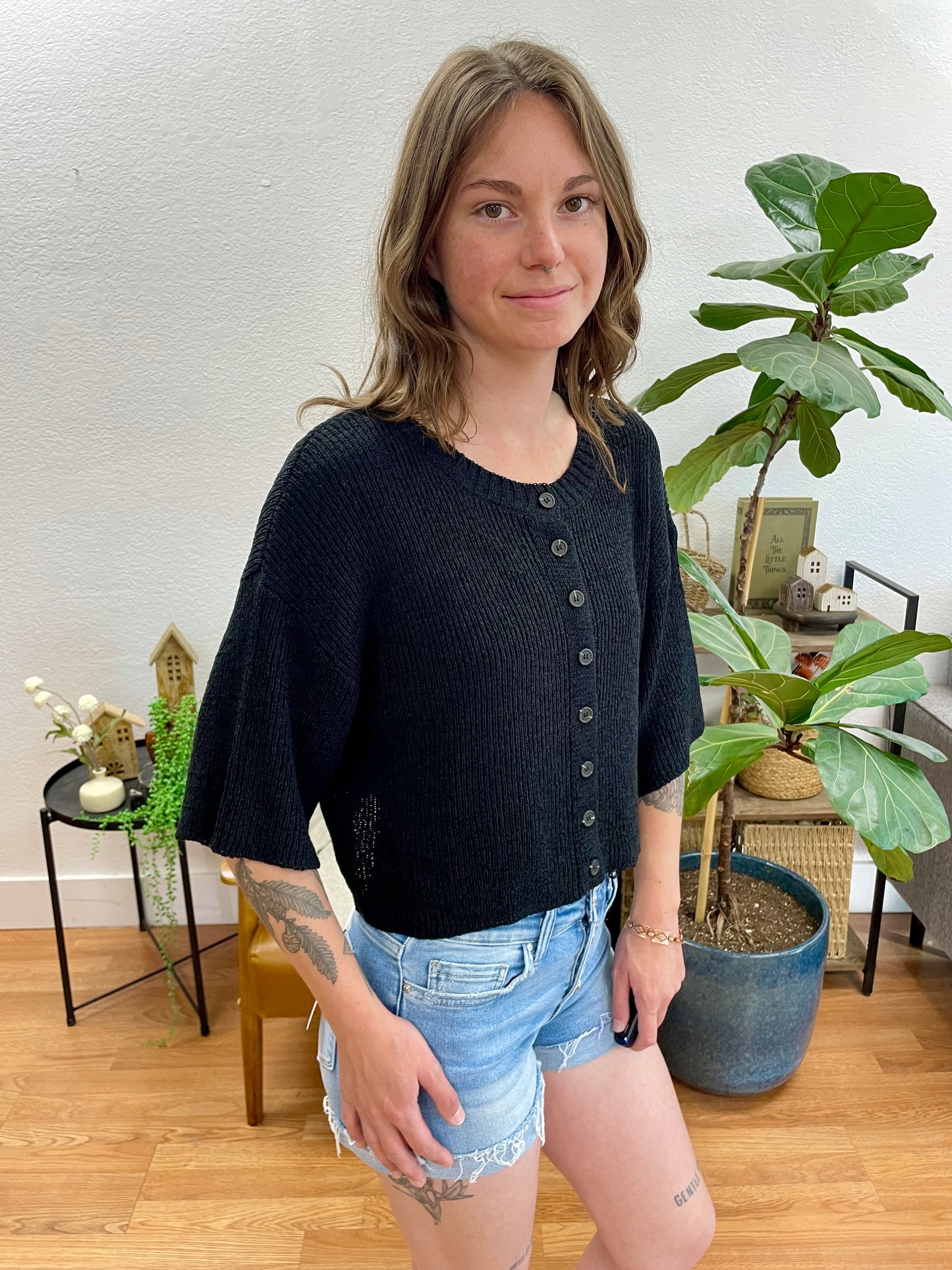 Black Boxy Button Up Cardigan