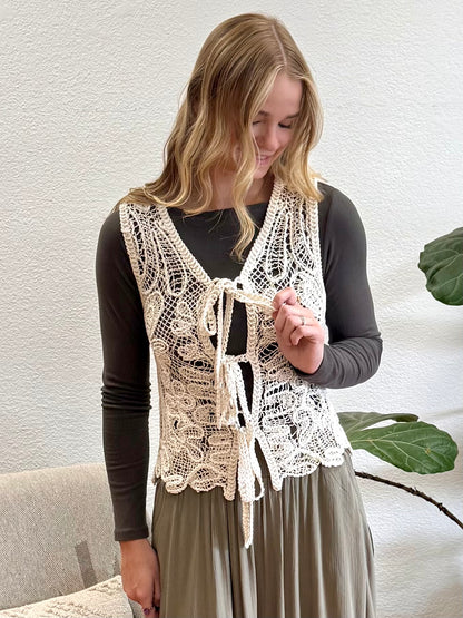 Beige Sleeveless Front Tie Embroidery Detailed Blouse