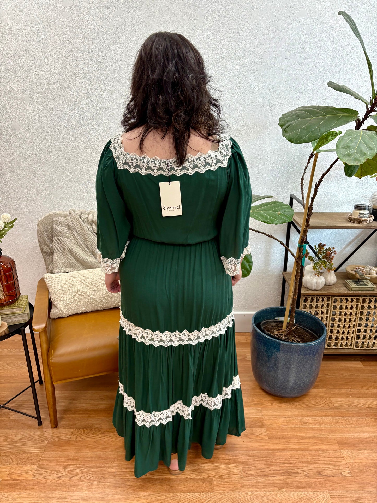 Hunter Green Lace Trim Midi Dress