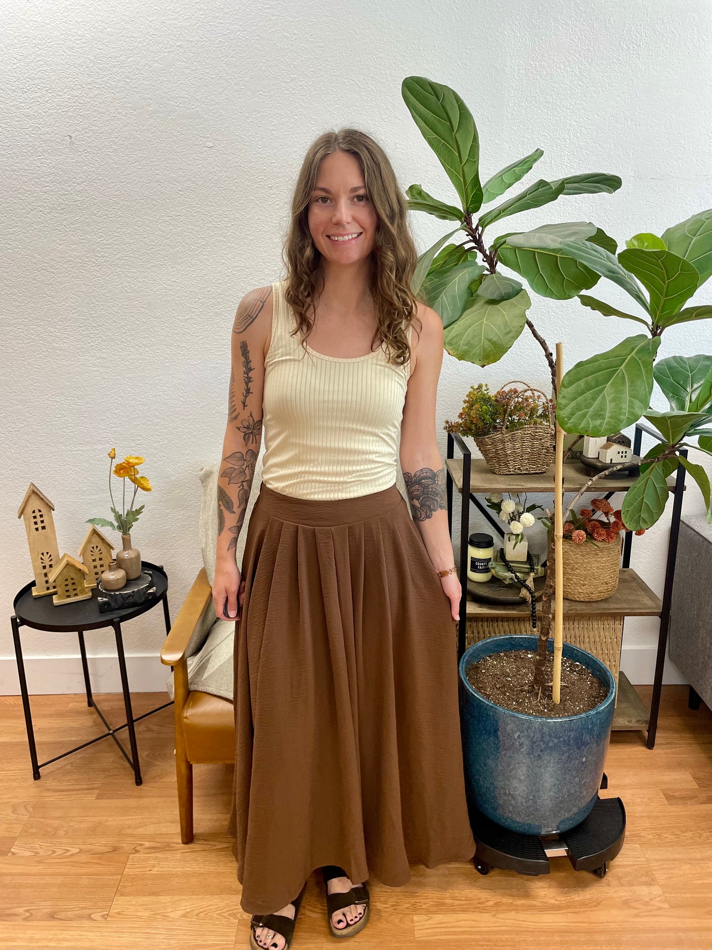 Brown Box Pleated Midi Skirt