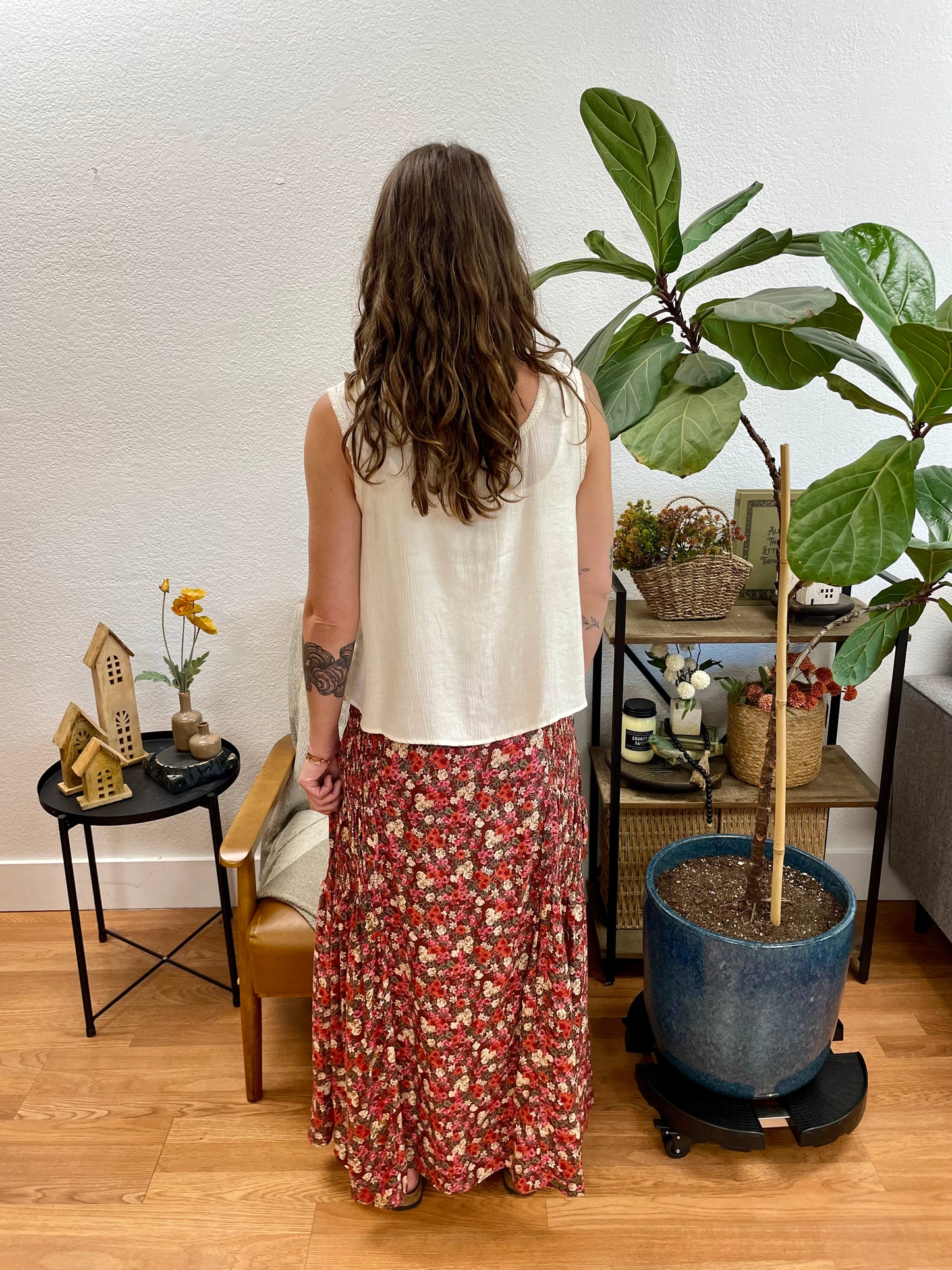 Wine Floral Smocked Waist Skirt