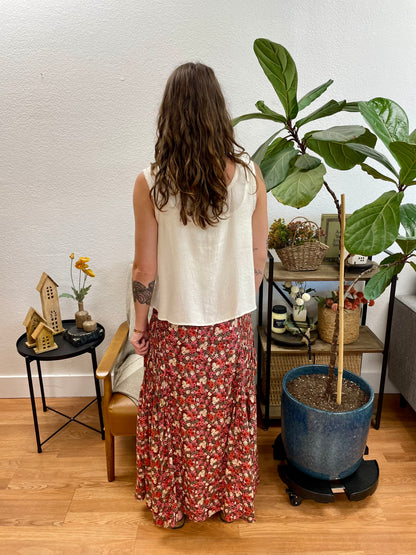 Wine Floral Smocked Waist Skirt