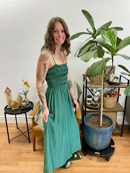 Kelly Green Shirred Midi Dress