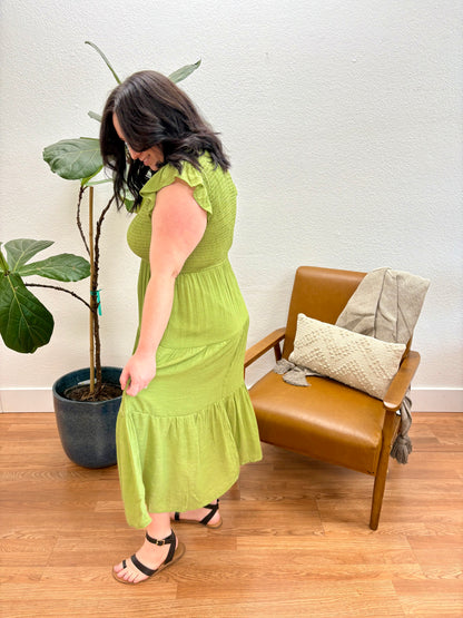 Olive Green Smocked Tiered Midi Dress